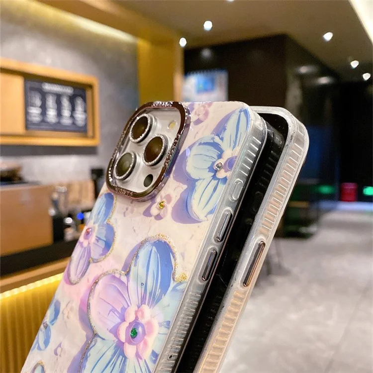 For iPhone 15 Pro Max Mobile Phone Case Pattern PC+TPU+Metal Phone Shell with PC Lens Film - White Flower