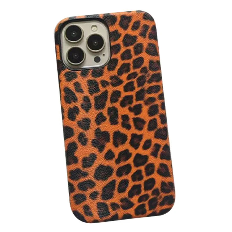 For iPhone 15 Pro Max Leopard Print Phone Case PC+PU Leather Back Cover (Not Complete Covering) - Orange