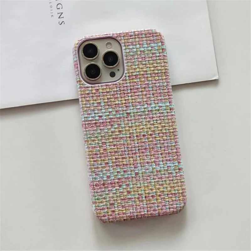 For iPhone 15 Pro Case Straw Mat Texture Heat Dissipation PC+PU Leather Phone Cover - Pink