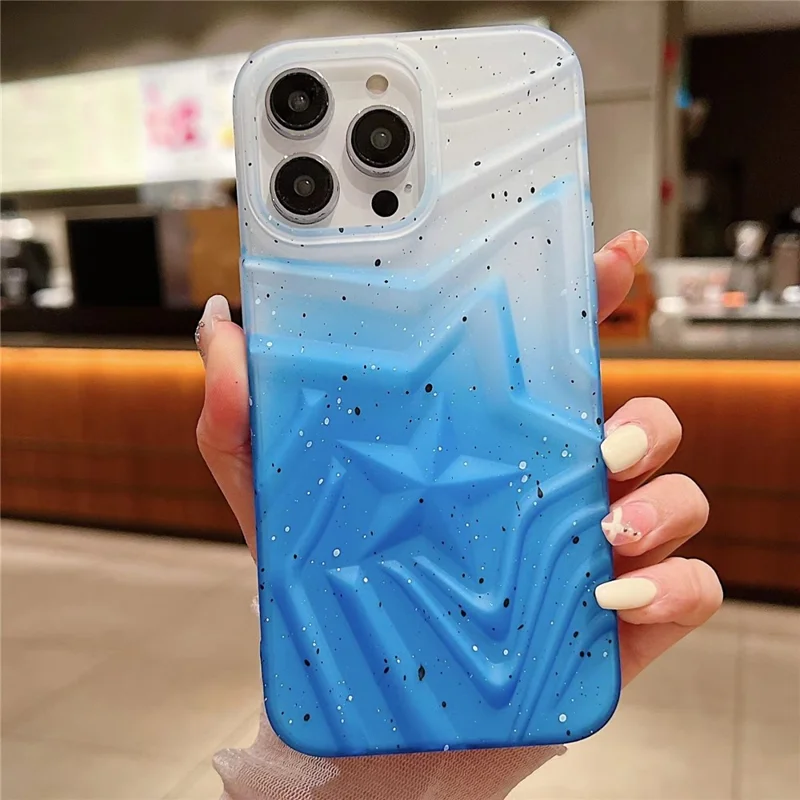 For iPhone 15 Pro Max Case Raised Star Pattern Gradient TPU Anti-drop Phone Cover - Lake Blue
