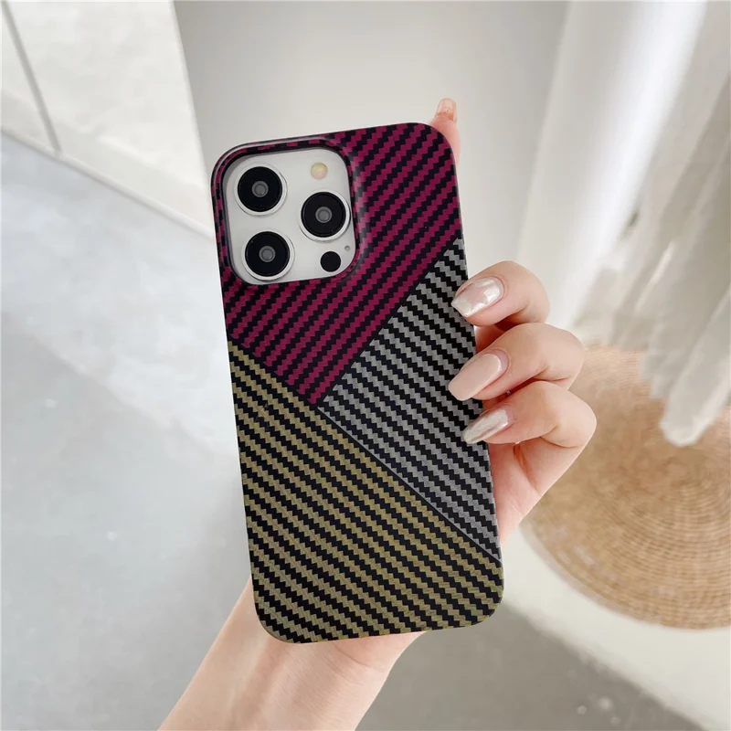 For iPhone 14 Pro Cover Shockproof PC Phone Protective Shell Carbon Fiber Texture Design - Red+Black+Yellow