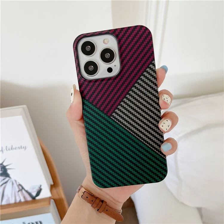 For iPhone 14 Pro Max Case Shockproof PC Phone Back Cover Carbon Fiber Texture Shell - Red+Black+Green