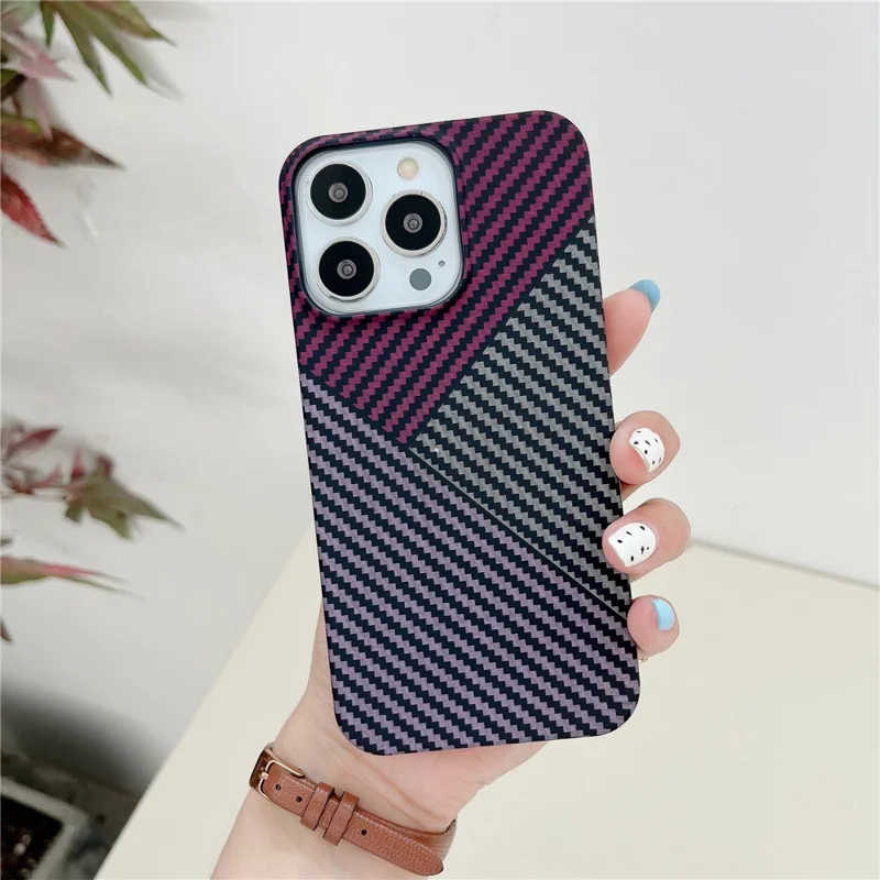 For iPhone 14 Pro Max Case Shockproof PC Phone Back Cover Carbon Fiber Texture Shell - Red+Purple+Black