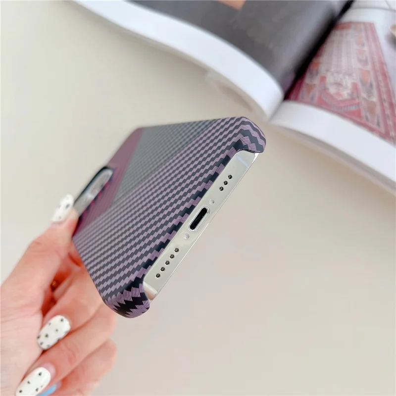 For iPhone 14 Pro Max Case Shockproof PC Phone Back Cover Carbon Fiber Texture Shell - Red+Purple+Black