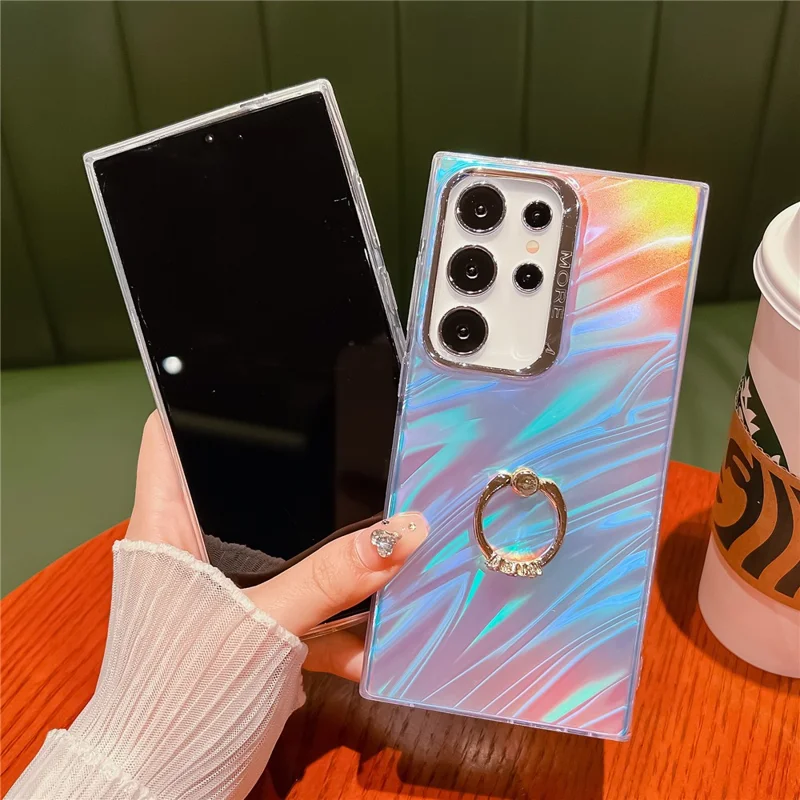 For Samsung Galaxy S22 Ultra 5G Phone Case IMD Leser Electroplated PC+TPU Cover with Ring Kickstand - AR5