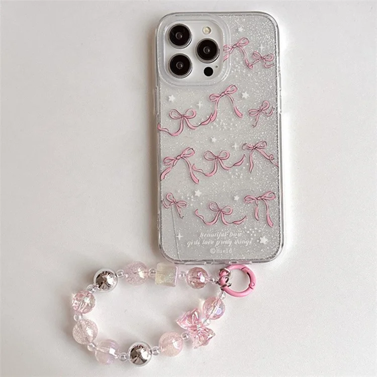 Pour iPhone 15 Pro Max Dual-Side IMD TPU Case Bowknot Pattern Phone Cover with Bead Strap