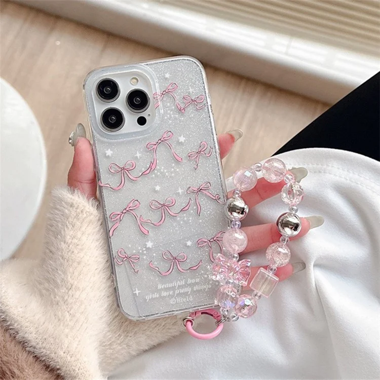 Pour iPhone 15 Pro Max Dual-Side IMD TPU Case Bowknot Pattern Phone Cover with Bead Strap
