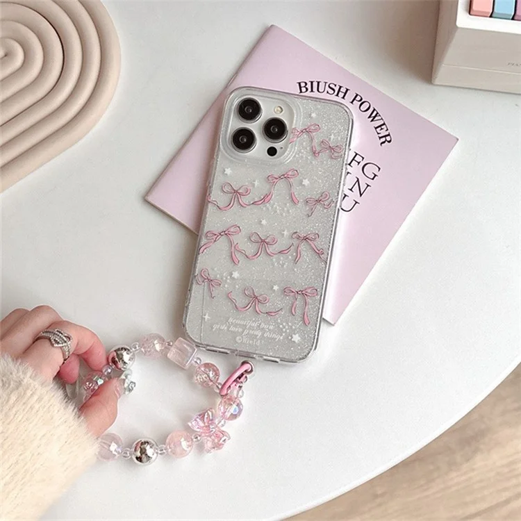 Pour iPhone 15 Pro Max Dual-Side IMD TPU Case Bowknot Pattern Phone Cover with Bead Strap