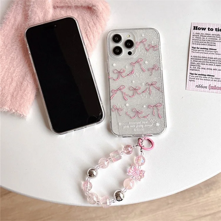 Pour iPhone 15 Pro Max Dual-Side IMD TPU Case Bowknot Pattern Phone Cover with Bead Strap