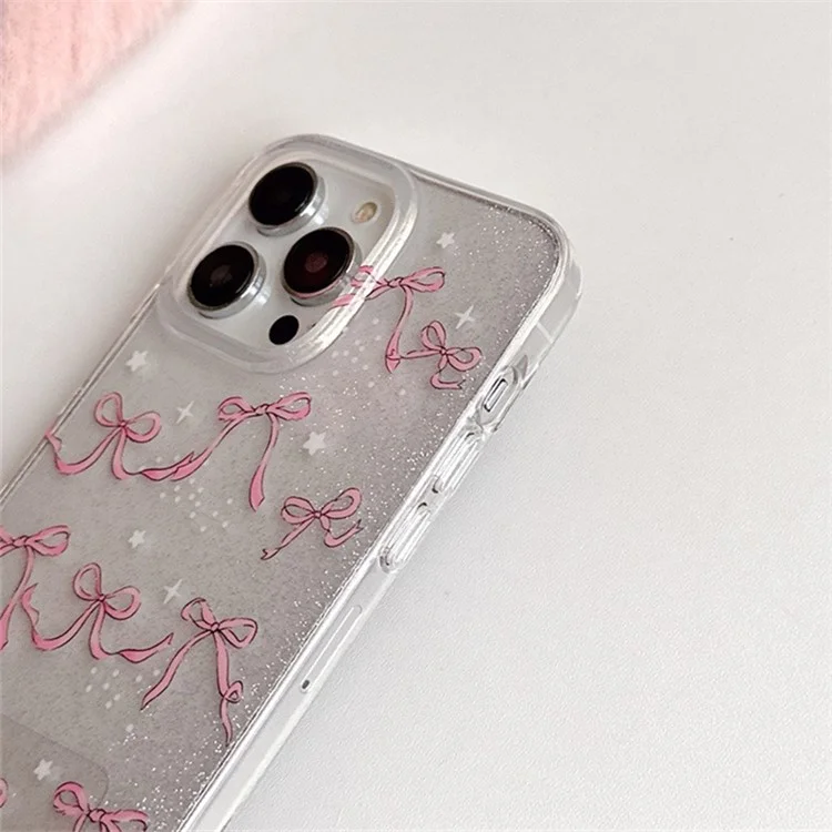 Pour iPhone 15 Pro Max Dual-Side IMD TPU Case Bowknot Pattern Phone Cover with Bead Strap
