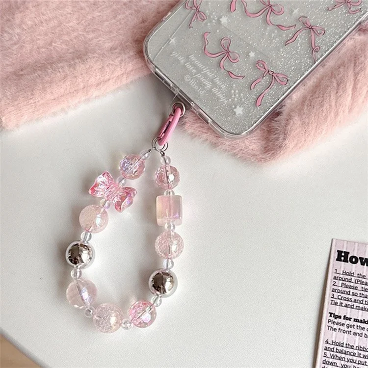 Pour iPhone 15 Pro Max Dual-Side IMD TPU Case Bowknot Pattern Phone Cover with Bead Strap