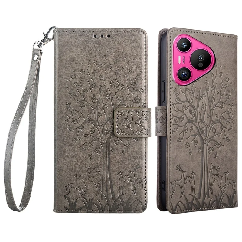 Para Huawei Pura 70 Case PU Leather Wallet Phone Cover Tree Deer Imprinted - Cinza