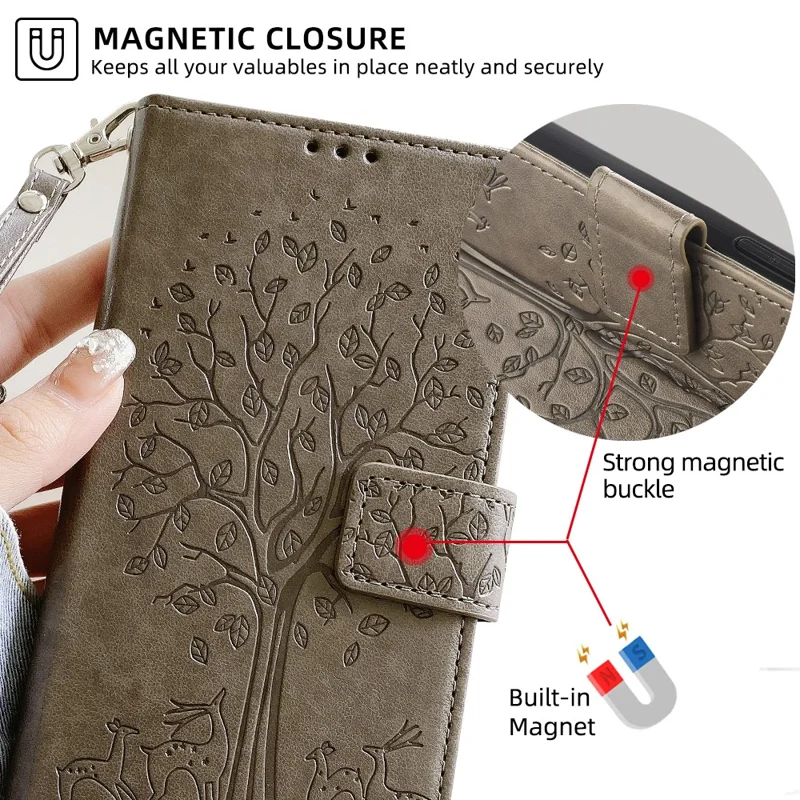 Para Huawei Pura 70 Case PU Leather Wallet Phone Cover Tree Deer Imprinted - Cinza