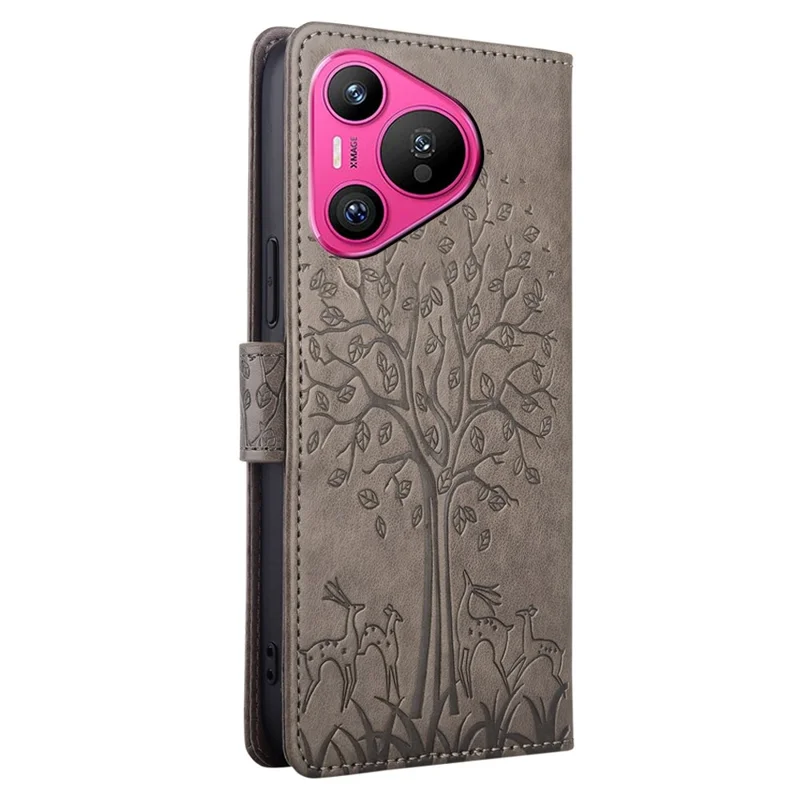 Para Huawei Pura 70 Case PU Leather Wallet Phone Cover Tree Deer Imprinted - Cinza
