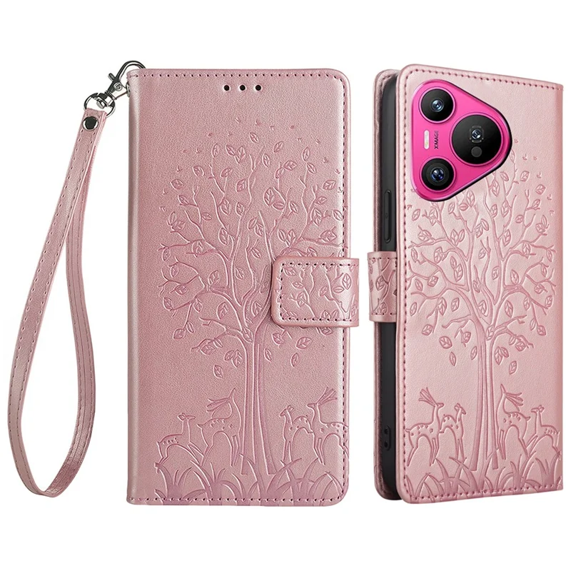 For Huawei Pura 70 Case PU Leather Wallet Phone Cover Tree Deer Imprinted - Rose Gold