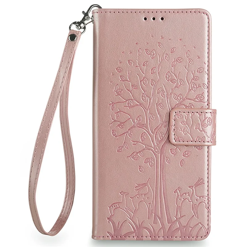 For Huawei Pura 70 Case PU Leather Wallet Phone Cover Tree Deer Imprinted - Rose Gold