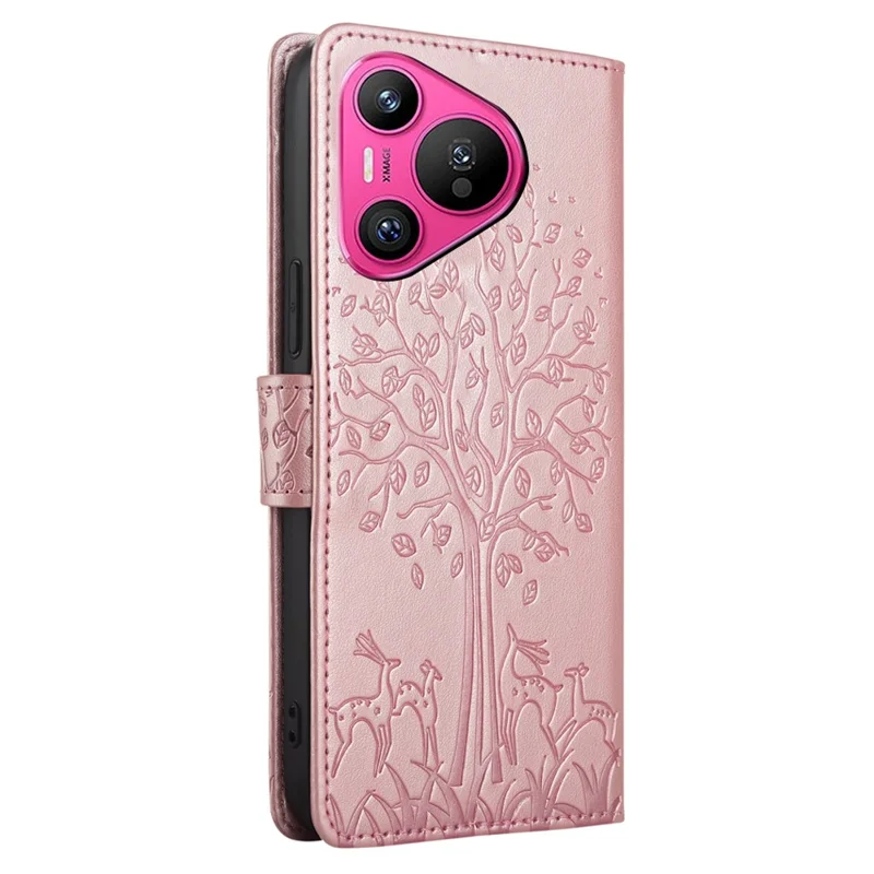 For Huawei Pura 70 Case PU Leather Wallet Phone Cover Tree Deer Imprinted - Rose Gold