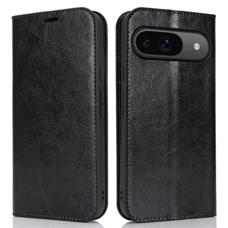 Para Google Pixel 9 / Pixel 9 Pro Case Waxy Split Leather Wallet Stand Protective Phone Cover - Preto