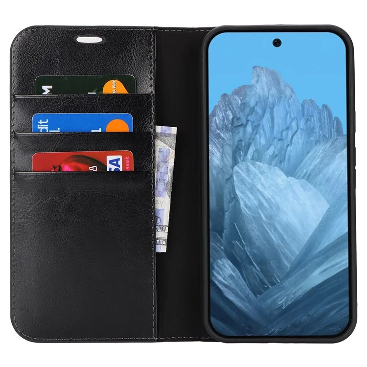 Para Google Pixel 9 / Pixel 9 Pro Case Waxy Split Leather Wallet Stand Protective Phone Cover - Preto