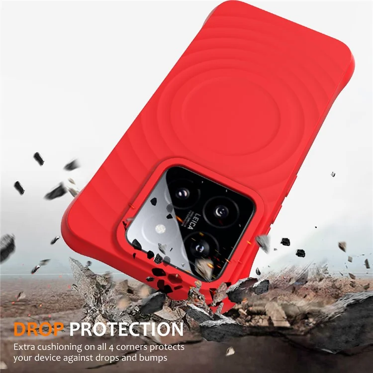 For Xiaomi 14 Case Compatible with MagSafe Ripple Texture Liquid Silicone Protective Cover with Strap - Red