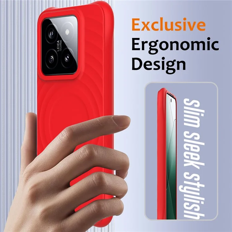 For Xiaomi 14 Case Compatible with MagSafe Ripple Texture Liquid Silicone Protective Cover with Strap - Red