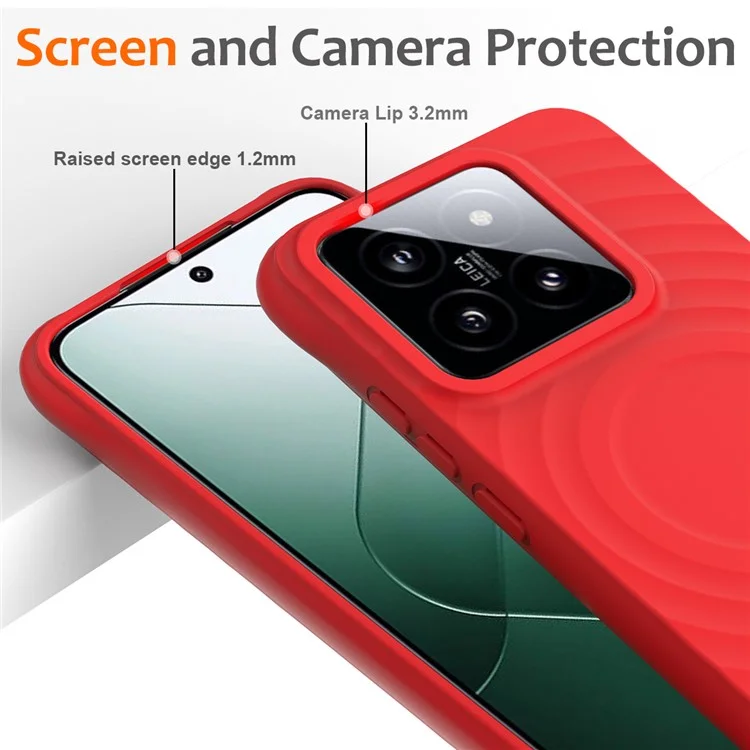 For Xiaomi 14 Case Compatible with MagSafe Ripple Texture Liquid Silicone Protective Cover with Strap - Red
