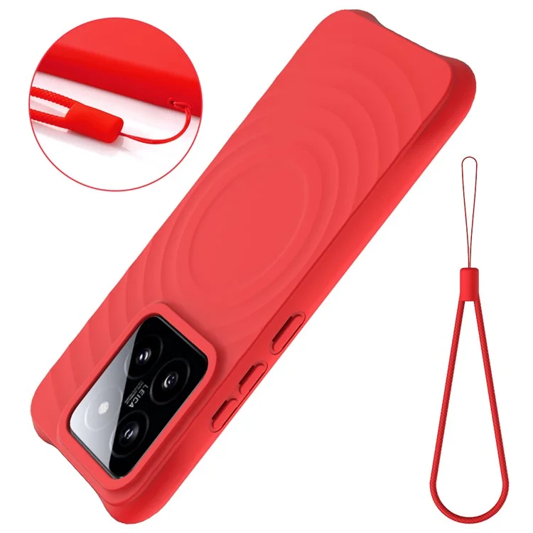 For Xiaomi 14 Case Compatible with MagSafe Ripple Texture Liquid Silicone Protective Cover with Strap - Red