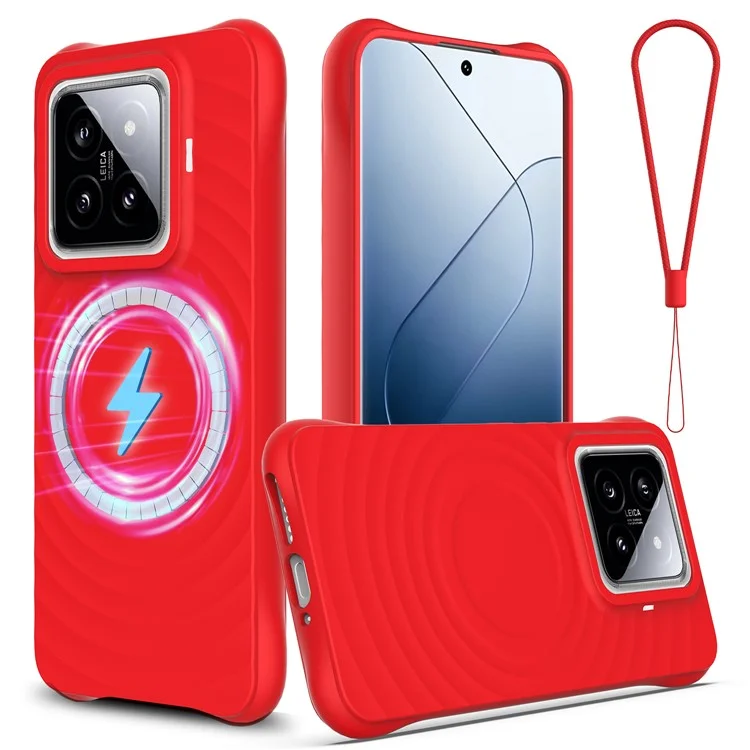 For Xiaomi 14 Pro Magnetic Phone Case with Strap Ripple Texture Liquid Silicone Cover - Red