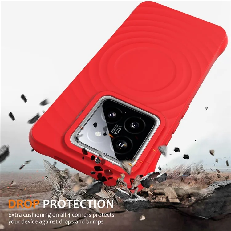 For Xiaomi 14 Pro Magnetic Phone Case with Strap Ripple Texture Liquid Silicone Cover - Red