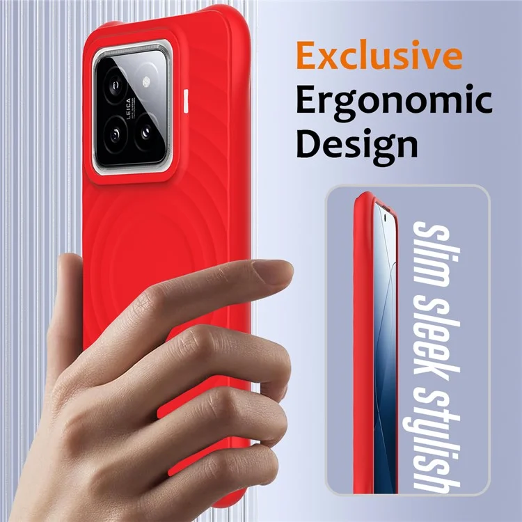 For Xiaomi 14 Pro Magnetic Phone Case with Strap Ripple Texture Liquid Silicone Cover - Red