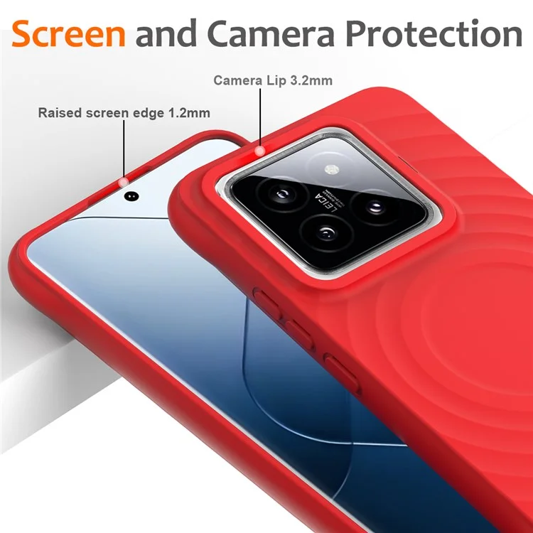 For Xiaomi 14 Pro Magnetic Phone Case with Strap Ripple Texture Liquid Silicone Cover - Red