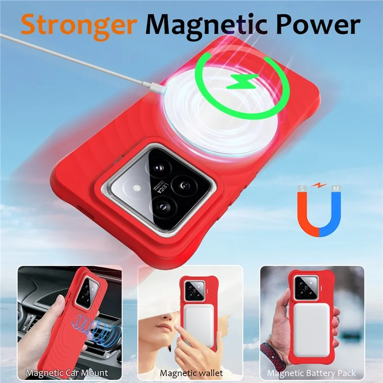 For Xiaomi 14 Pro Magnetic Phone Case with Strap Ripple Texture Liquid Silicone Cover - Red
