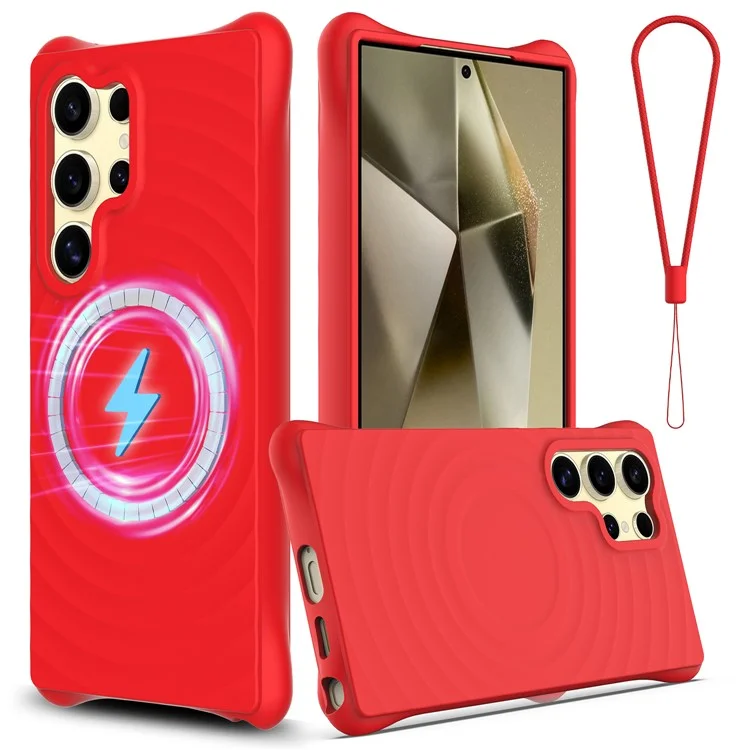 For Samsung Galaxy S23 Ultra Magnetic Case with Strap Ripple Texture Liquid Silicone Phone Cover - Red