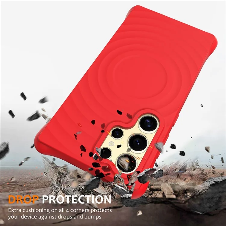 For Samsung Galaxy S23 Ultra Magnetic Case with Strap Ripple Texture Liquid Silicone Phone Cover - Red