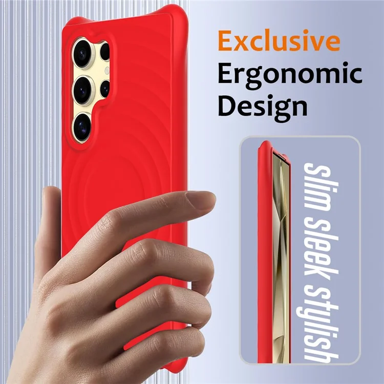 For Samsung Galaxy S23 Ultra Magnetic Case with Strap Ripple Texture Liquid Silicone Phone Cover - Red