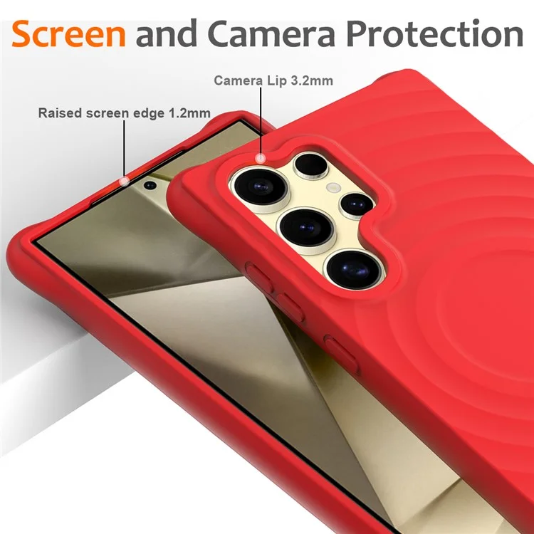 For Samsung Galaxy S23 Ultra Magnetic Case with Strap Ripple Texture Liquid Silicone Phone Cover - Red