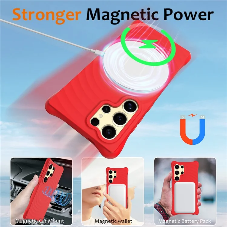 For Samsung Galaxy S23 Ultra Magnetic Case with Strap Ripple Texture Liquid Silicone Phone Cover - Red
