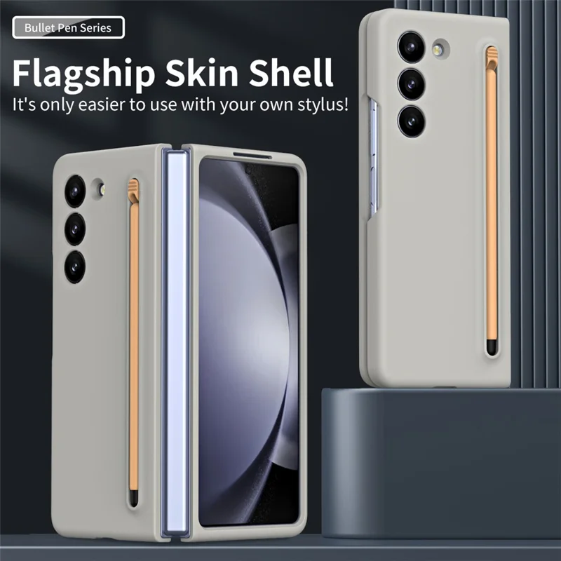 For Galaxy Z Fold6 5G Case Skin-Touch Hard PC Phone Cover with Tempered Glass Film and Stylus - Light Grey
