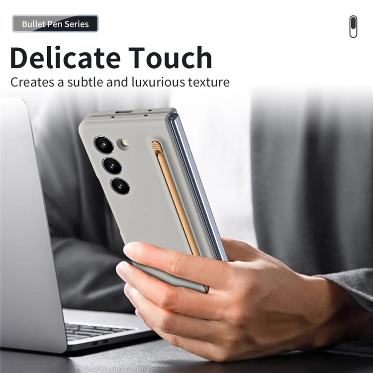 For Galaxy Z Fold6 5G Case Skin-Touch Hard PC Phone Cover with Tempered Glass Film and Stylus - Light Grey
