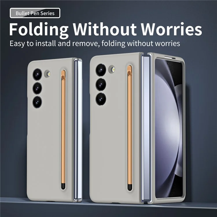 For Galaxy Z Fold6 5G Case Skin-Touch Hard PC Phone Cover with Tempered Glass Film and Stylus - Light Grey