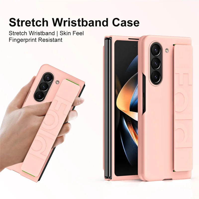 Pour Samsung Galaxy Z Fold6 5G Skin-touch Case PC Anti-fingerprint Phone Cover with Stretch Wristband - Rose