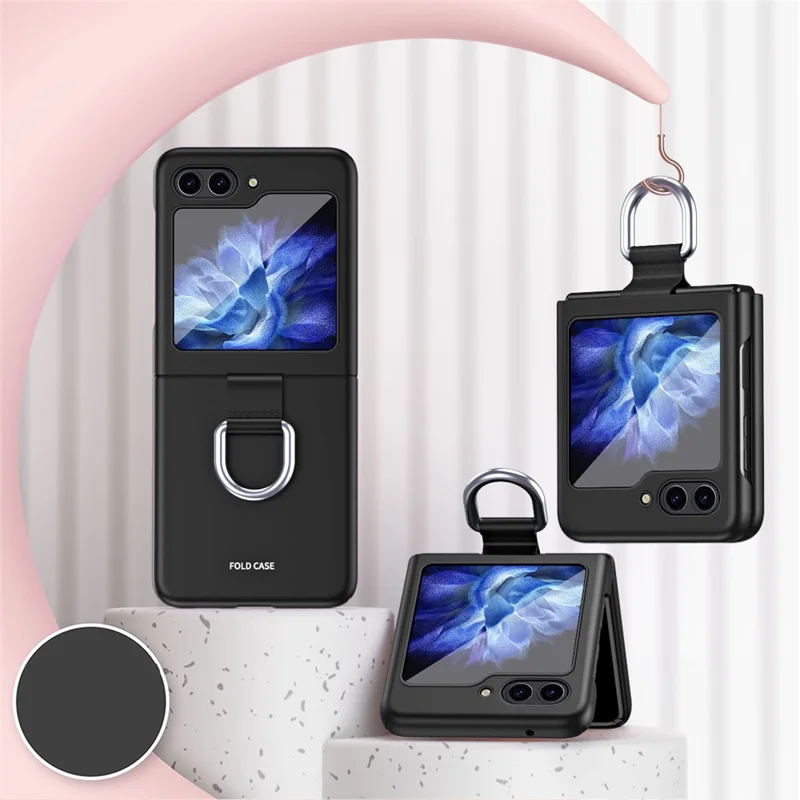 For Samsung Galaxy Z Flip7 FE 5G / Z Flip6 5G / Z Flip5 5G Folded Phone Case Skin-Touch Hard PC Phone Cover with Ring Holder - Black