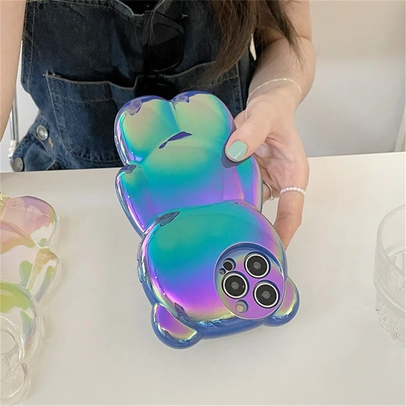 Color Electroplated Phone Case for iPhone 14 Pro Max Cute Bear Shape TPU Phone Cover - Blue