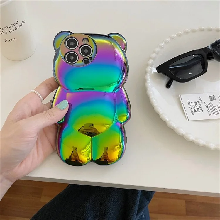 For iPhone 14 Pro Cover Color Plating Bear Shape Flexible TPU Cell Phone Case - Black