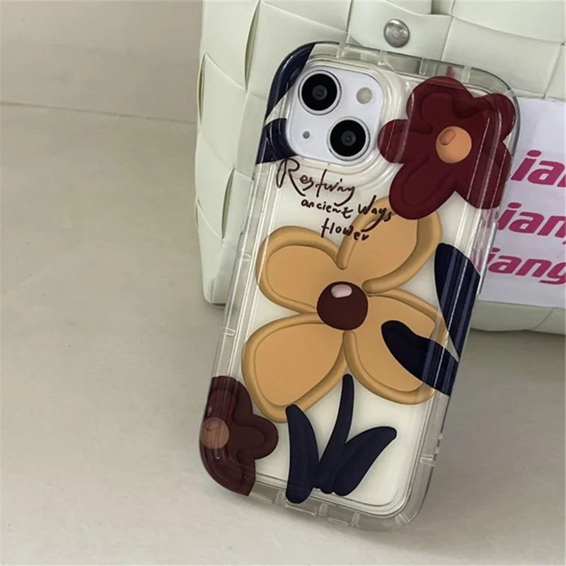 Pour iPhone 13 6.1 pouces Couverture Motif Fleur Rétro Souple TPU Airbag Étui de Téléphone Portable