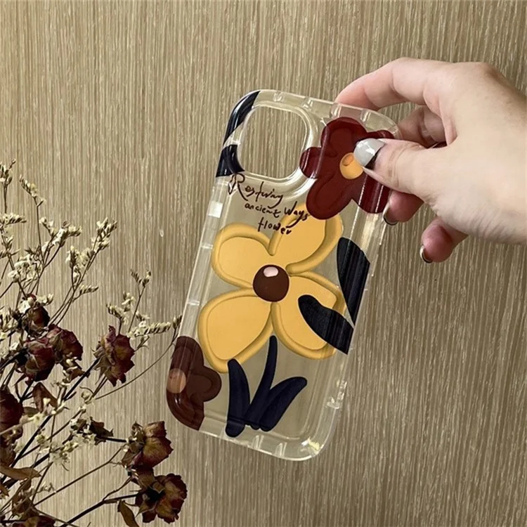 Pour iPhone 13 6.1 pouces Couverture Motif Fleur Rétro Souple TPU Airbag Étui de Téléphone Portable