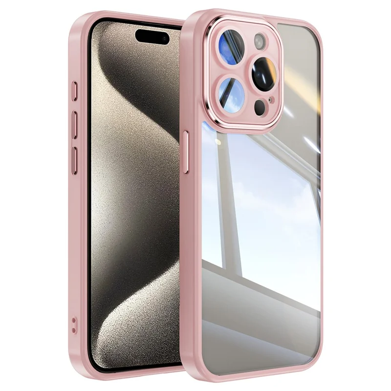 For iPhone 15 Pro Case Acrylic+TPU Phone Shell Metal Lens Frame Cell Phone Cover - Pink