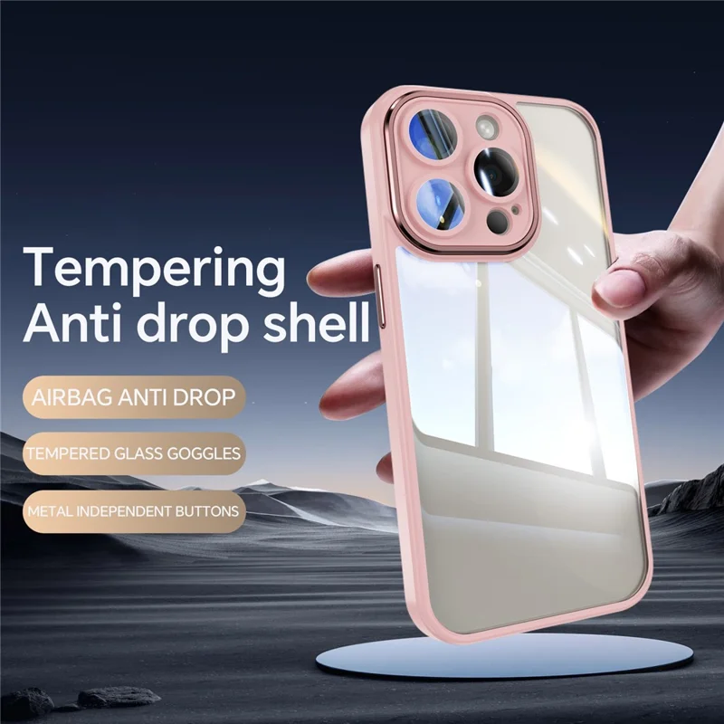 For iPhone 15 Pro Case Acrylic+TPU Phone Shell Metal Lens Frame Cell Phone Cover - Pink