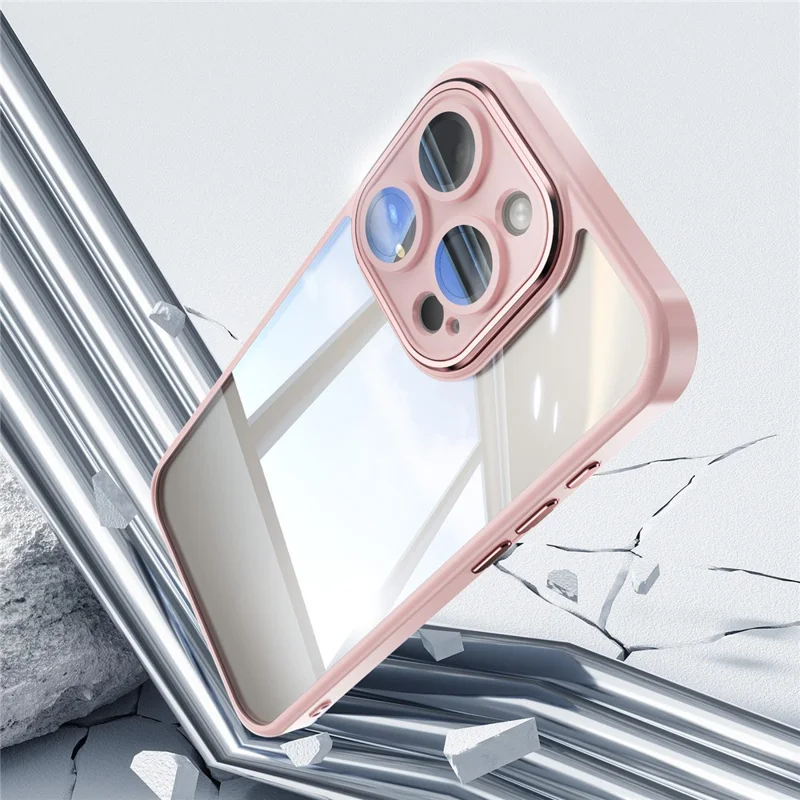 For iPhone 15 Pro Case Acrylic+TPU Phone Shell Metal Lens Frame Cell Phone Cover - Pink