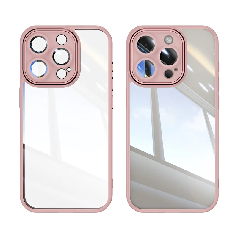For iPhone 15 Pro Case Acrylic+TPU Phone Shell Metal Lens Frame Cell Phone Cover - Pink